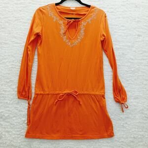 Blouse Tunic Top Orange Embossed Floral Boho Artsy Vacation Peplum Resort Size S